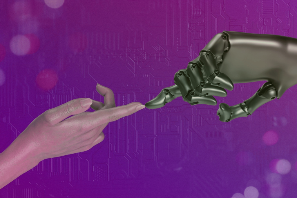 AI real estate agent tools showing a human hand touching a robot hand